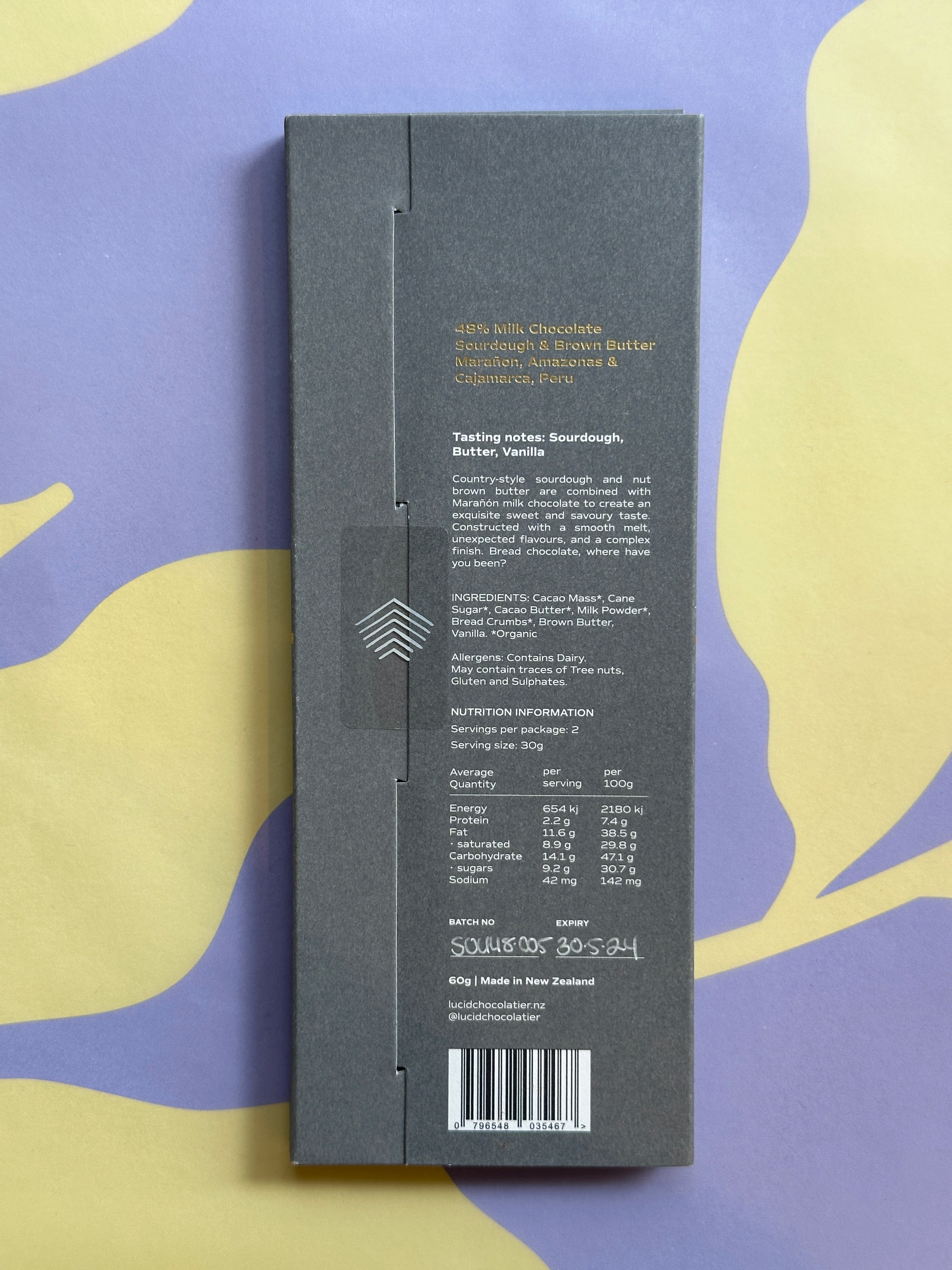 48% Milk Chocolate, Sourdough & Brown Butter. Amazonas & Cajamarca, Peru. Bean to Bar. Nutritional Information.